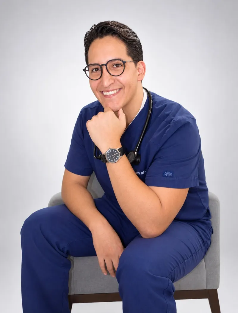 Retrato del Dr. Raúl Muñoz Defaz, de CrabCare, sentado y sonriendo, con el estetoscopio al cuello